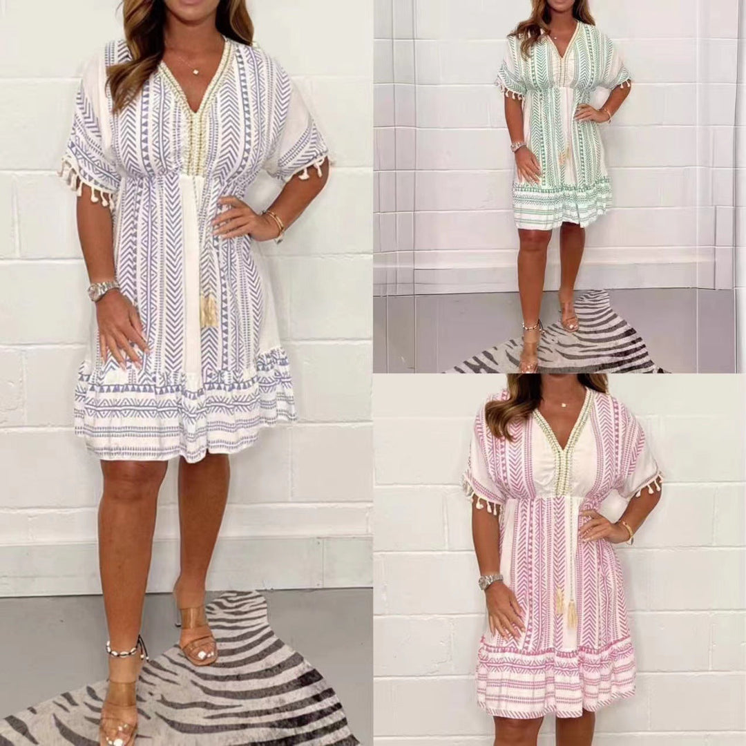 Gail | Vintage Bohemian Midikleid für Damen mit V-Ausschnitt und kurzen Ärmeln