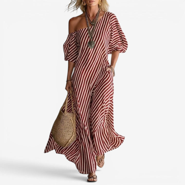 Sofia | Damen Streifen-Maxikleid mit Off-Shoulder-Ausschnitt