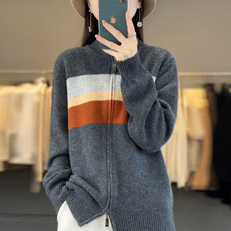 Damen Strickjacke mit Reissverschluss und Streifen