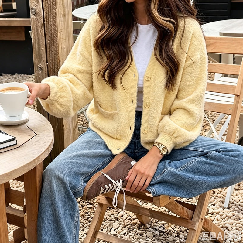 Damen Cardigan mit Taschen, Knöpfen und V-Ausschnitt