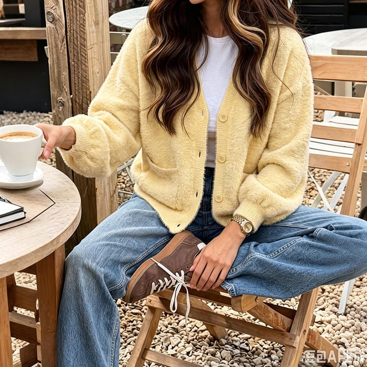 Damen Cardigan mit Taschen, Knöpfen und V-Ausschnitt