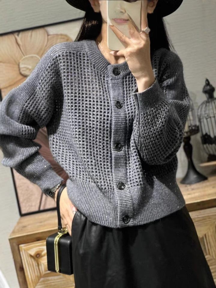Damen Mesh-Cardigan mit Knopfleiste, Rundhalsausschnitt und langen Ärmeln