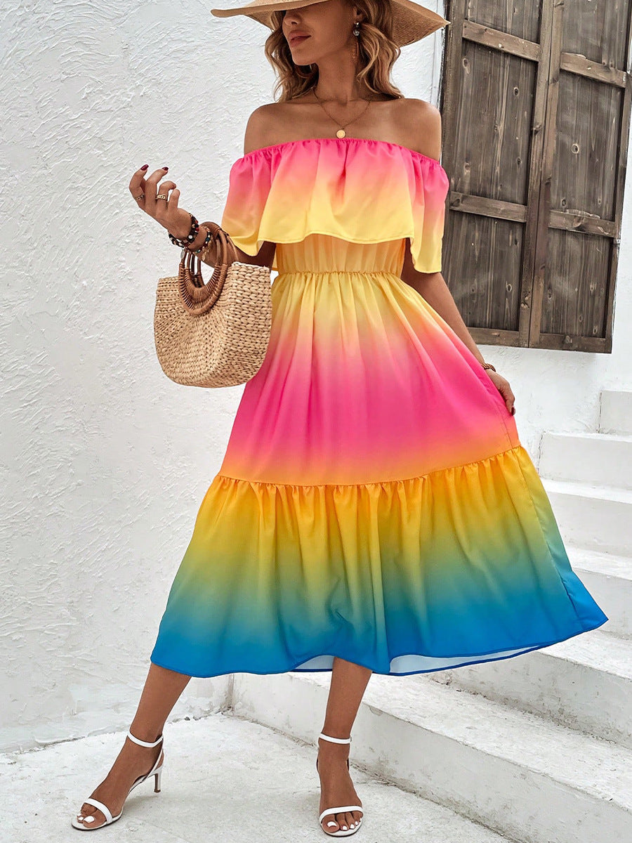 Damen Midikleid mit Off-Shoulder-Ausschnitt und Rüsche