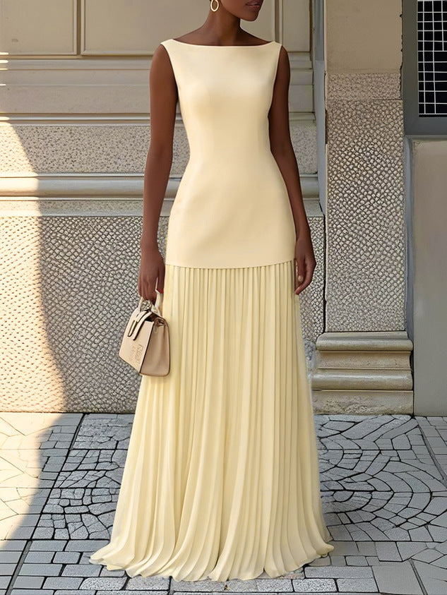 Celeste | Plissiertes Maxikleid für Damen mit Rundhalsausschnitt
