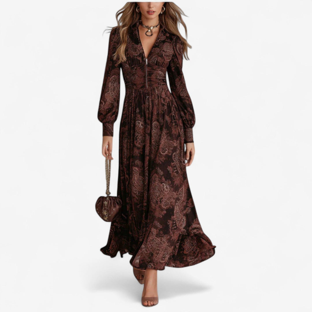 Hélène Maxi Intemporel Kleid für Damen mit Blumenmuster und V-Ausschnitt