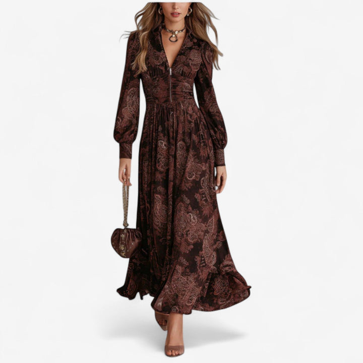 Hélène Maxi Intemporel Kleid für Damen mit Blumenmuster und V-Ausschnitt