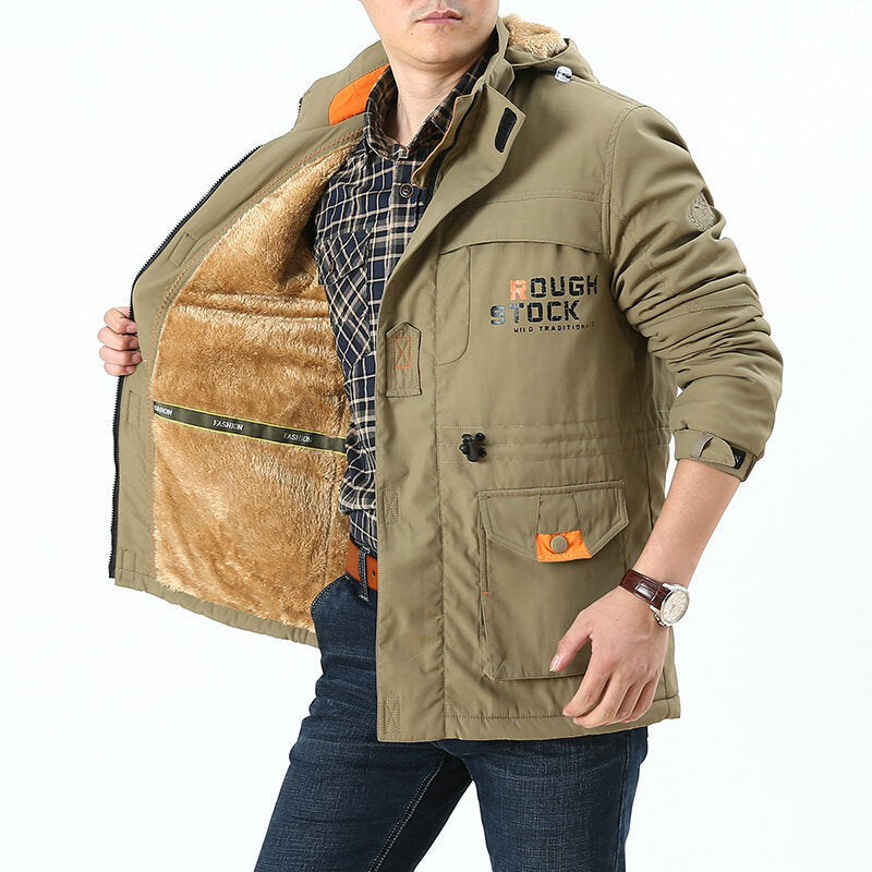 Herren Jacke Langarm mit Kapuze, Knöpfen und Taschen