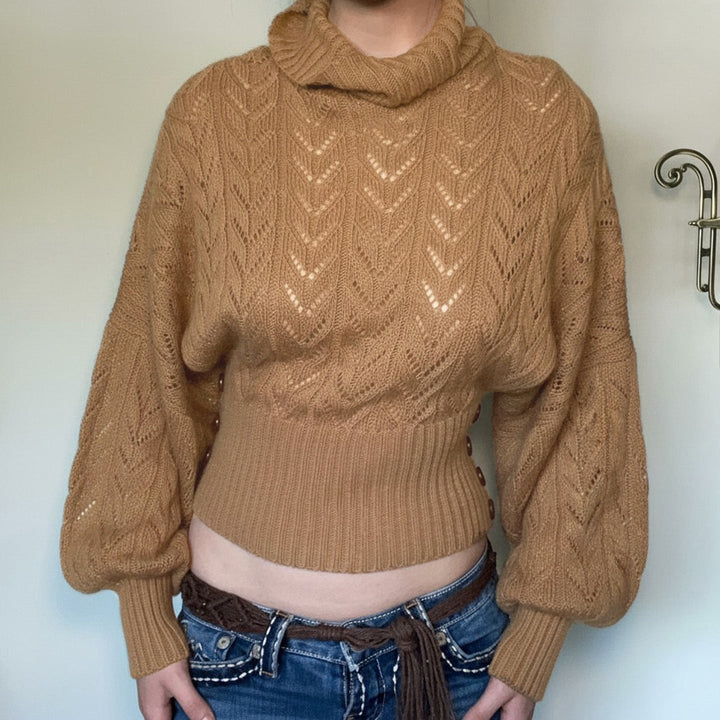 Damen Rollkragenpullover Cropped mit langen Ärmeln und Knöpfen