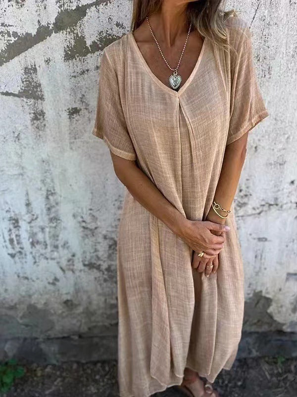 Amber | Elegantes V-Ausschnitt-Midikleid für Damen mit kurzen Ärmeln