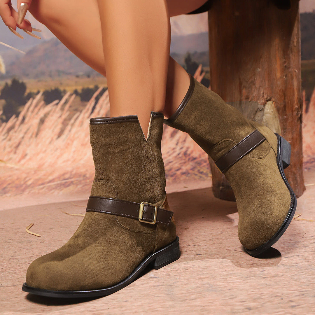Damen Ankle Boots mit Riemen, Schnalle und V-Ausschnitt