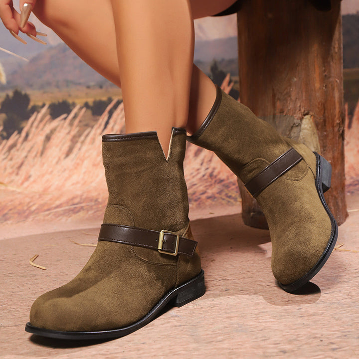 Damen Ankle Boots mit Riemen, Schnalle und V-Ausschnitt