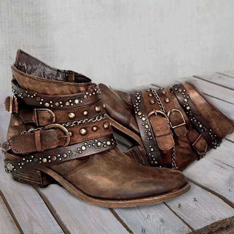Damen Western Stiefel mit Schnallenriemen, Ketten und Blockabsatz