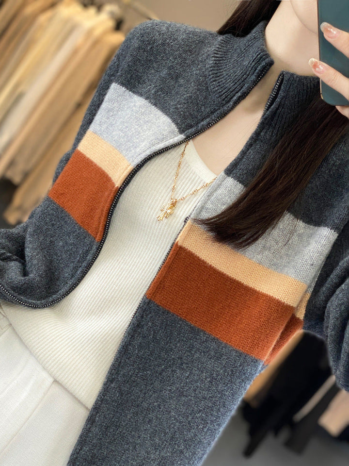 Damen Strickjacke mit Reissverschluss und Streifen