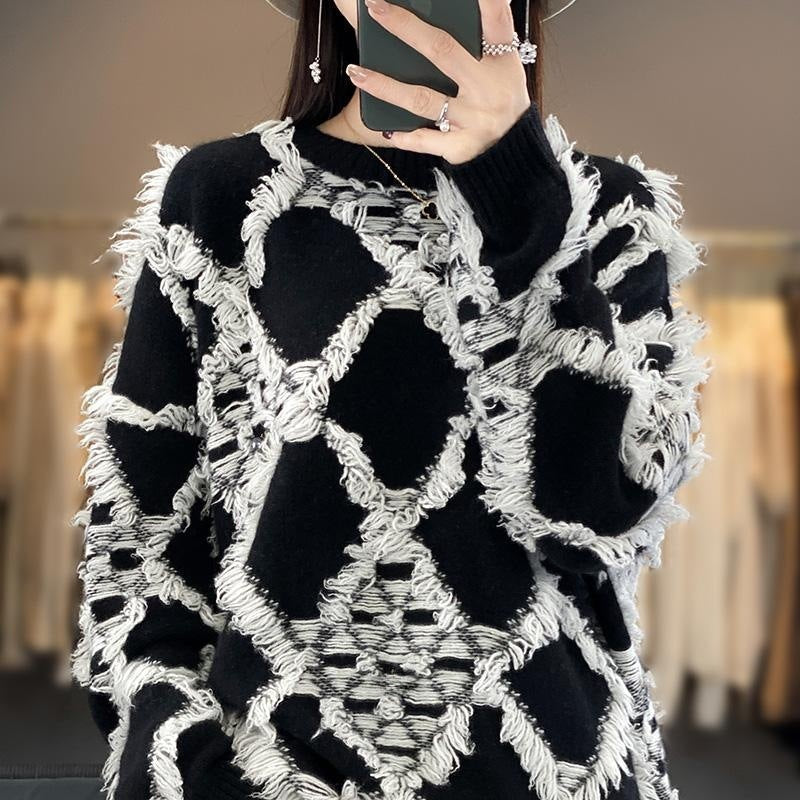 Damen Oversized Pullover mit Fransen und Rundhalsausschnitt