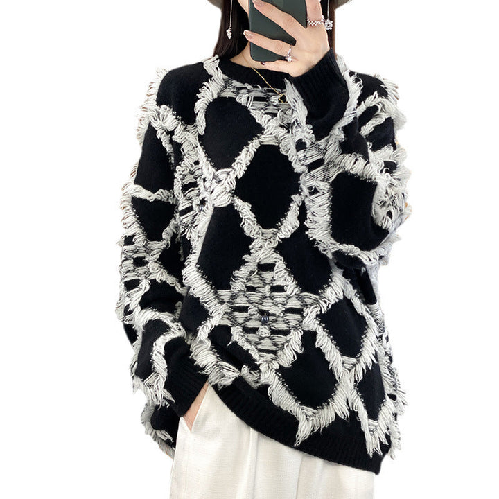 Damen Oversized Pullover mit Fransen und Rundhalsausschnitt
