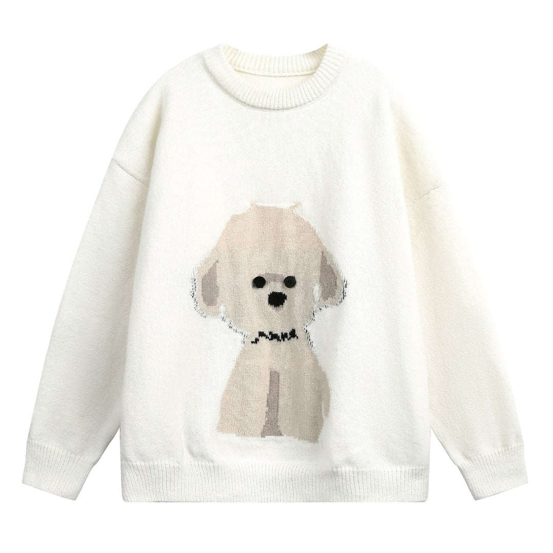 Damen Oversized Pullover mit Hundemotiv und Rundhals