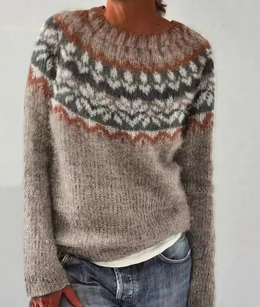 Retro Damen Strickpullover mit Rundhalsausschnitt und langen Ärmeln