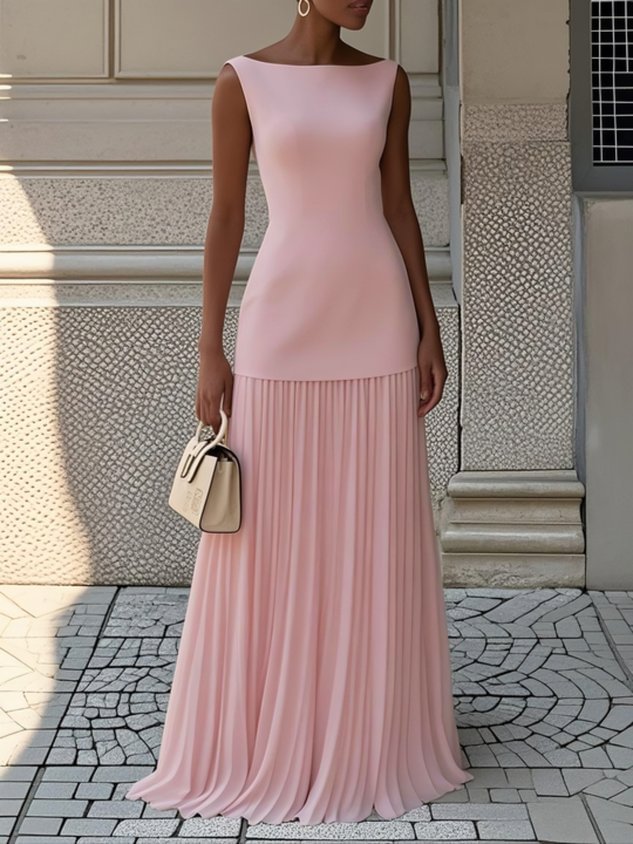Celeste | Plissiertes Maxikleid für Damen mit Rundhalsausschnitt