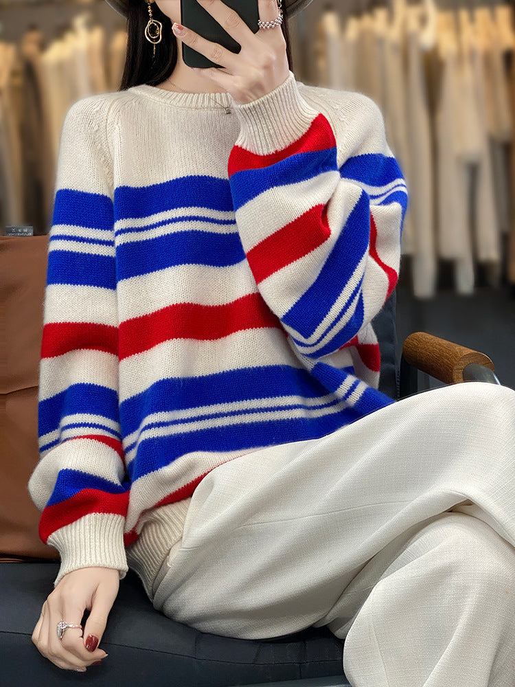 Damen Oversized Pullover mit Streifen und Rundhalsausschnitt