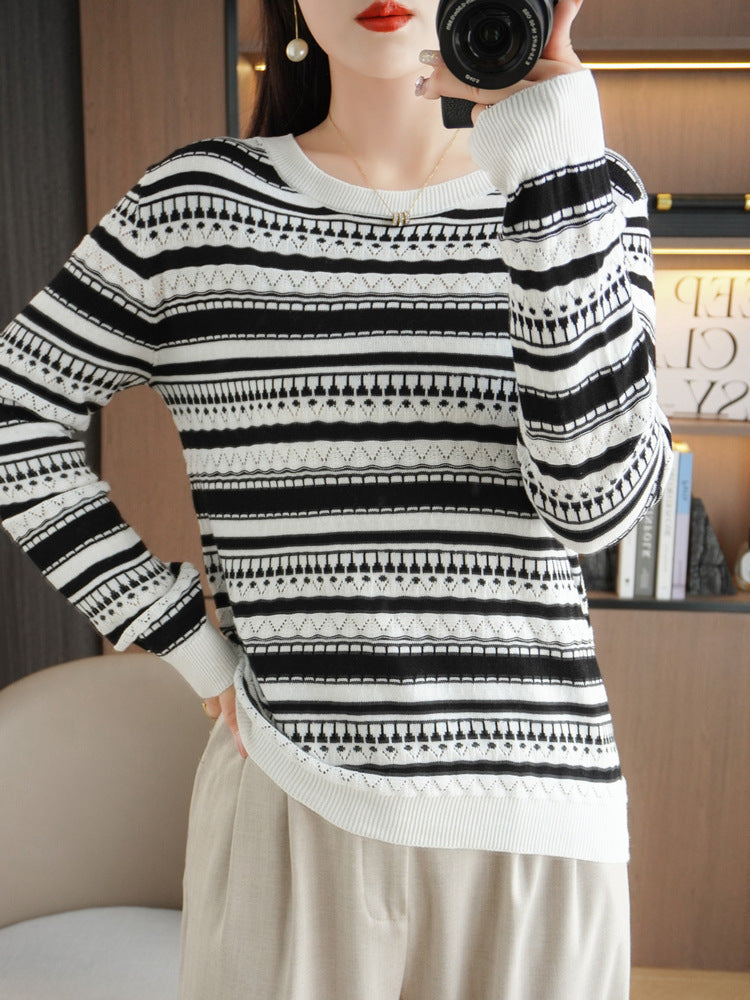 Damen Pullover mit Streifen und Rundhalsausschnitt