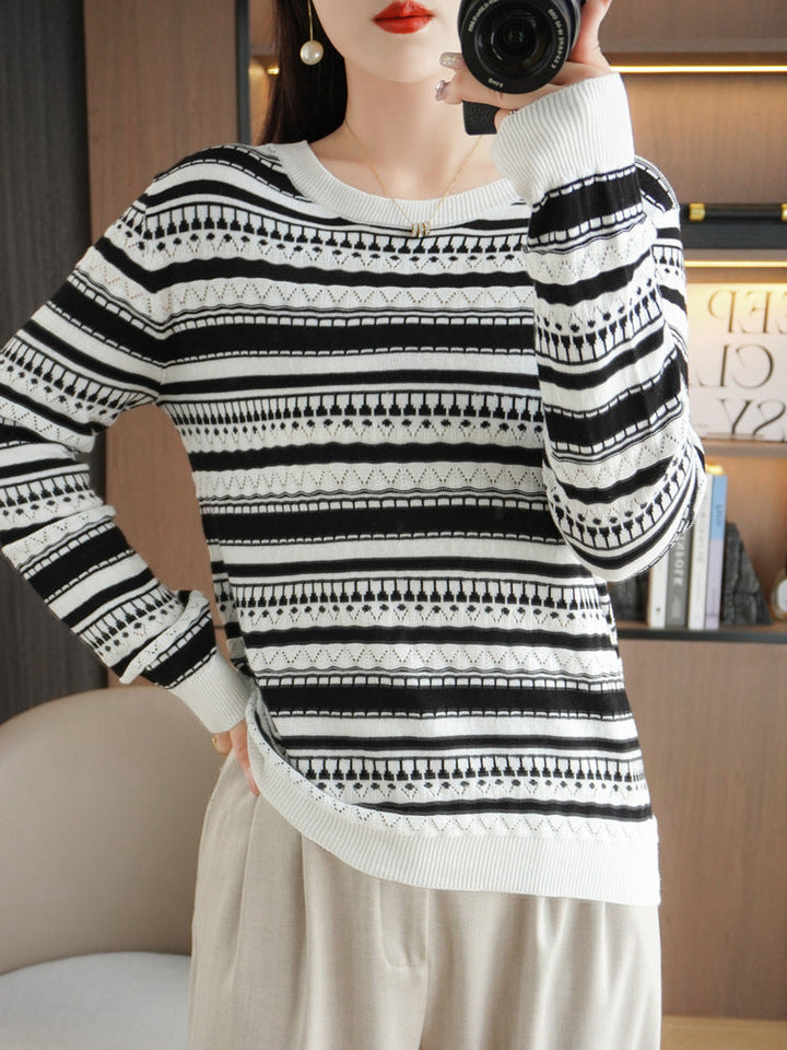 Damen Pullover mit Streifen und Rundhalsausschnitt