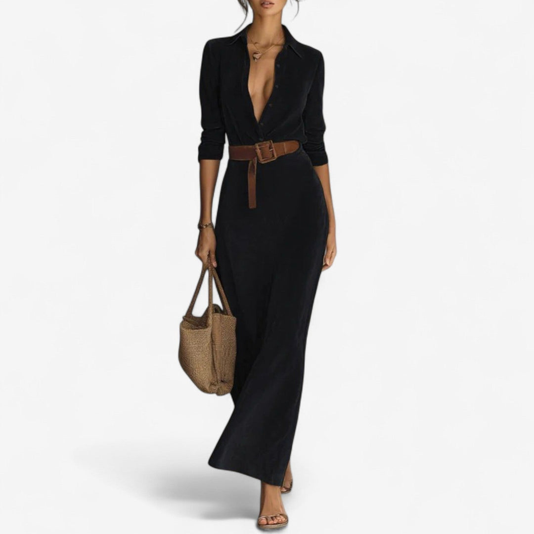 Emmanuella Maxi Minimalistisch Kleid für Damen mit V-Ausschnitt und langen Ärmeln