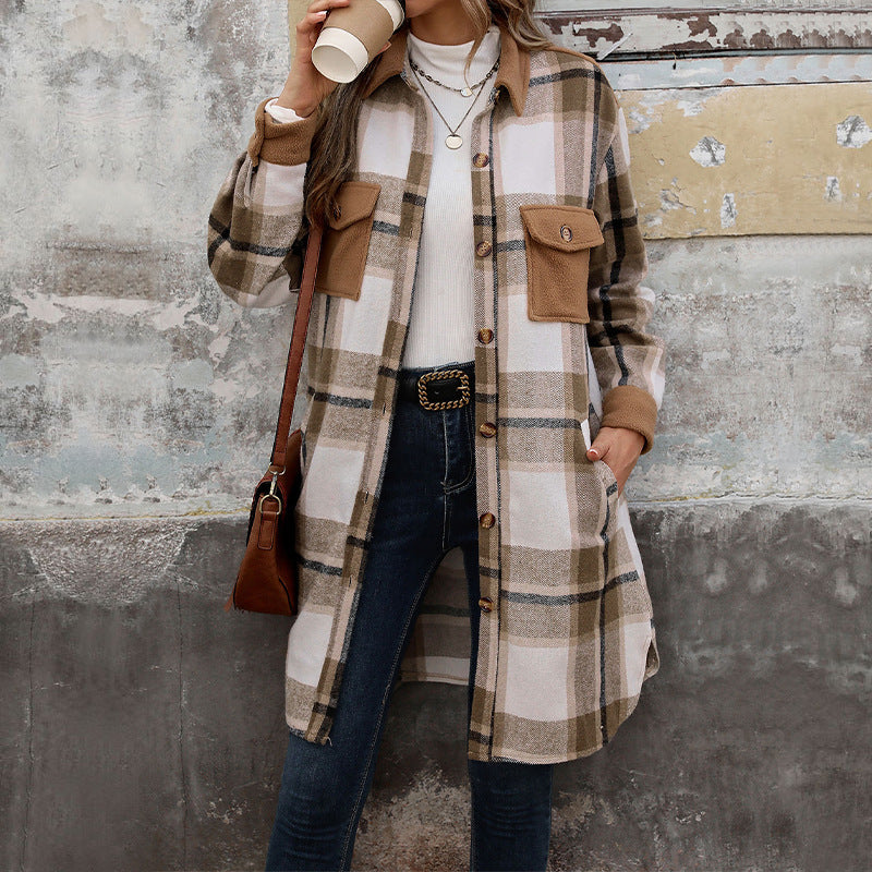 Damen Langarm-Hemdjacke mit Karomuster, Taschen und Knöpfen