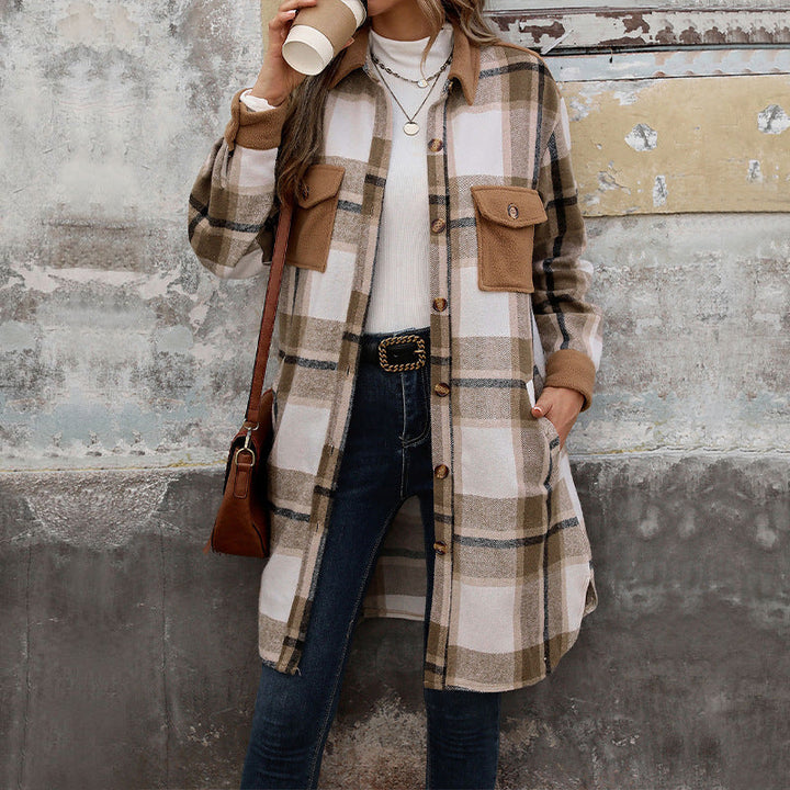 Damen Langarm-Hemdjacke mit Karomuster, Taschen und Knöpfen