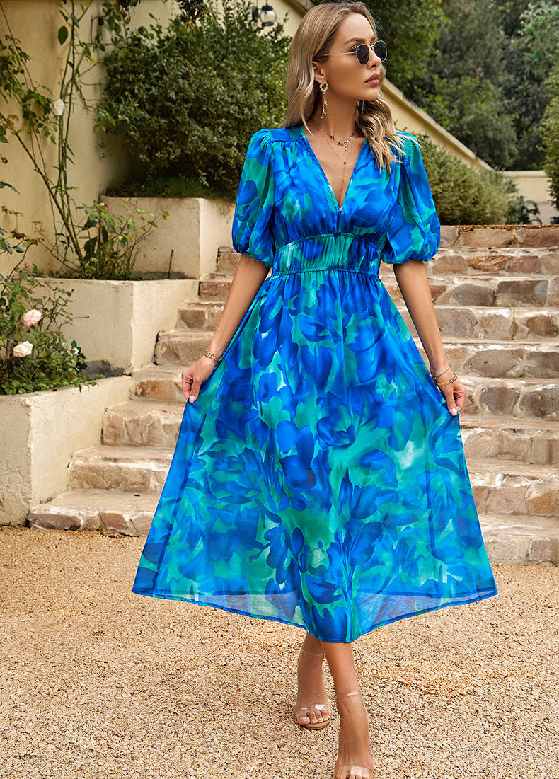Flore | Elegantes Midikleid für Damen mit Blumenmuster und V-Ausschnitt