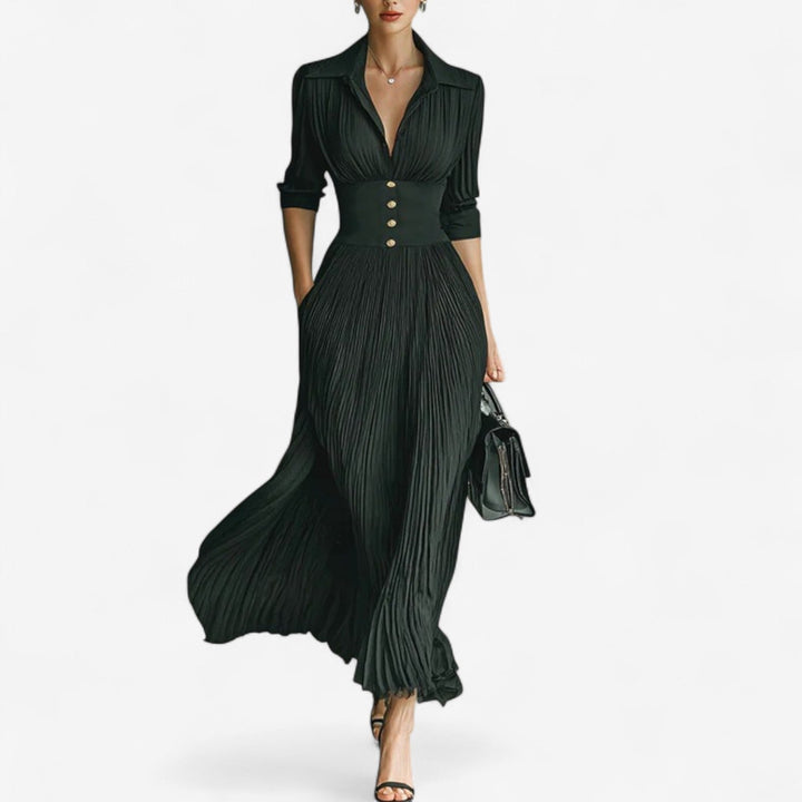 Carine Maxi Plissee Kleid für Damen mit V-Ausschnitt und kurzen Ärmeln