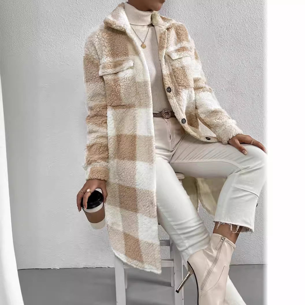 Damen Karo-Langmantel mit Taschen