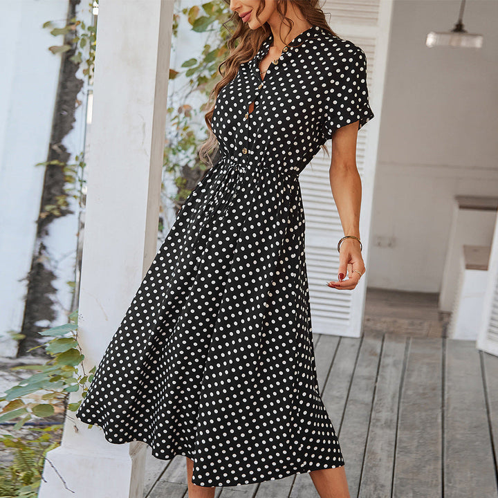 Damen Midikleid mit Punktemuster, Knöpfen und Bindegürtel
