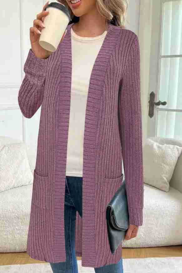 Damen Langarm-Cardigan Longline mit Taschen