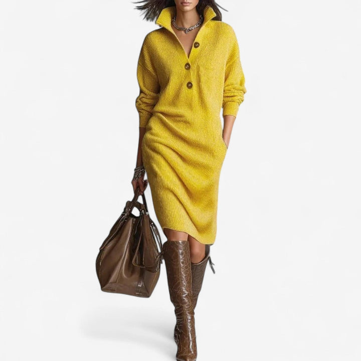 Suzy Lässiges Pulli-Midikleid für Damen mit V-Ausschnitt und langen Ärmeln