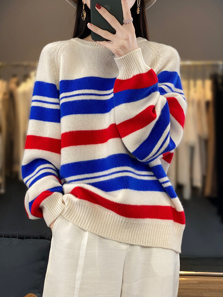Damen Oversized Pullover mit Streifen und Rundhalsausschnitt