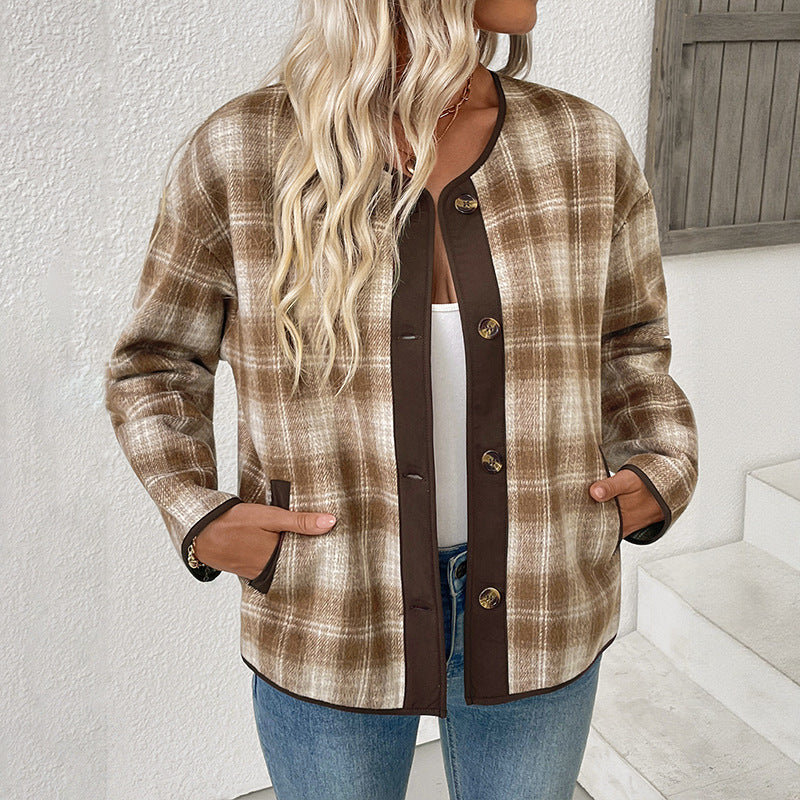 Damen Übergangsjacke mit Rundhalsausschnitt, Taschen und Karomuster