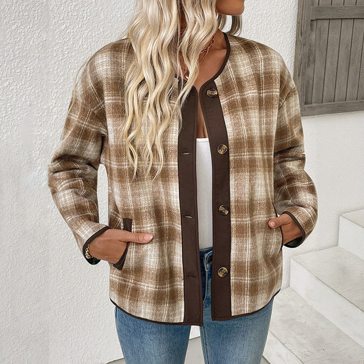 Damen Übergangsjacke mit Rundhalsausschnitt, Taschen und Karomuster