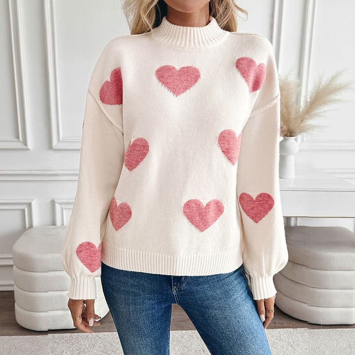 Damen Pullover mit Stehkragen und großen Herz-Intarsien