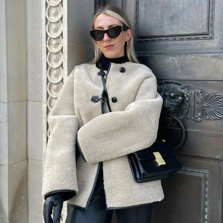 Damen Rundhalsjacke Cropped mit Taschen