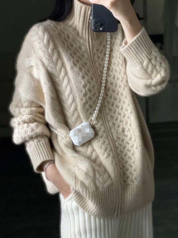 Damen Lang Oversized Pullover mit Stehkragen