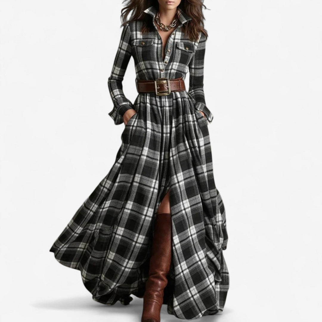 Barboteau Maxi im zeitlosen Karomuster Kleid für Damen mit langen Ärmeln