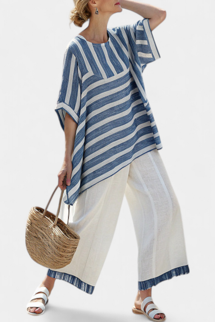 Ornella | elegantes gestreiftes Top in Blau und Hose mit Details am Saum