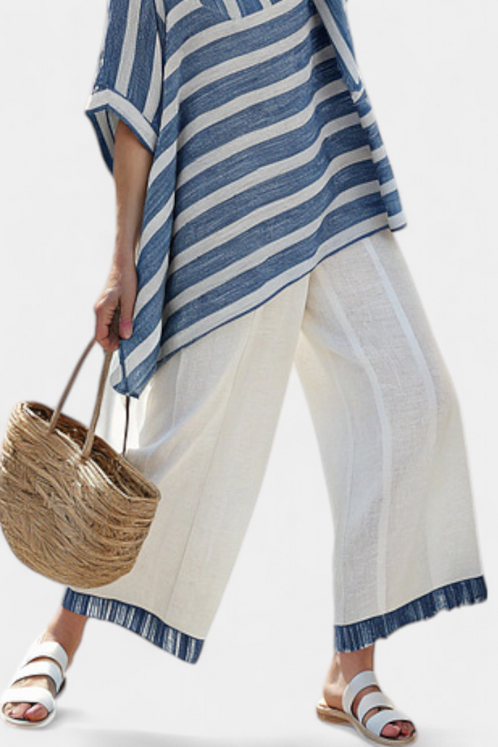 Ornella | elegantes gestreiftes Top in Blau und Hose mit Details am Saum