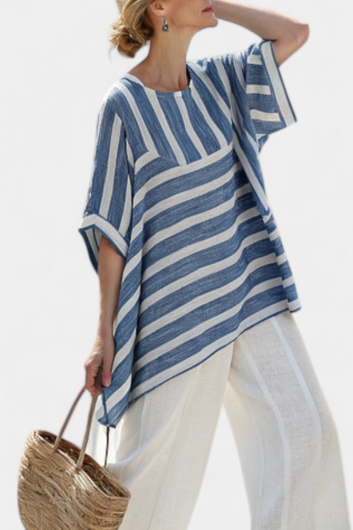 Ornella | elegantes gestreiftes Top in Blau und Hose mit Details am Saum