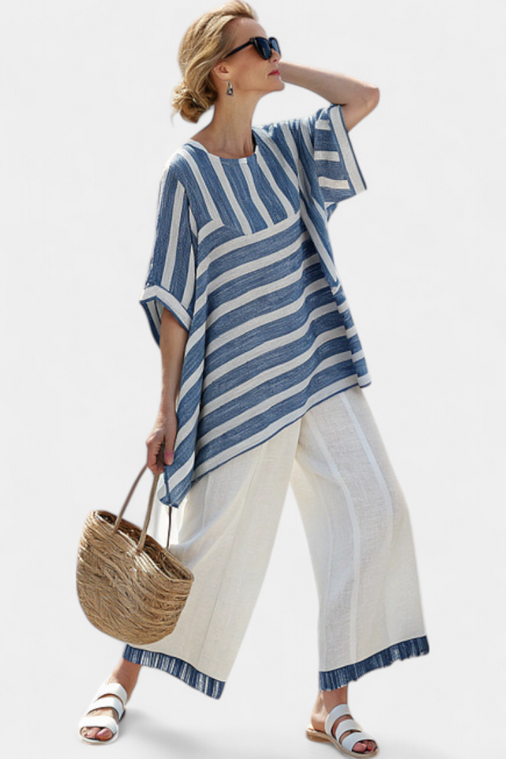 Ornella | elegantes gestreiftes Top in Blau und Hose mit Details am Saum