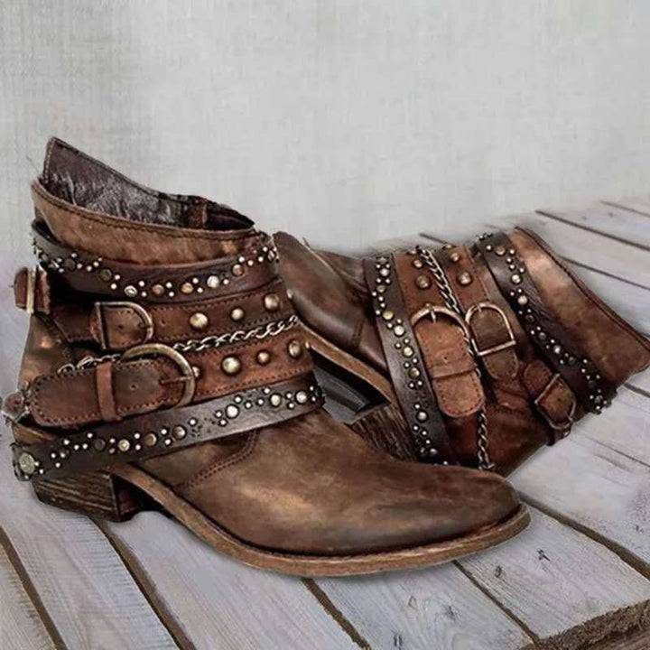 Damen Western Stiefel mit Schnallenriemen, Ketten und Blockabsatz