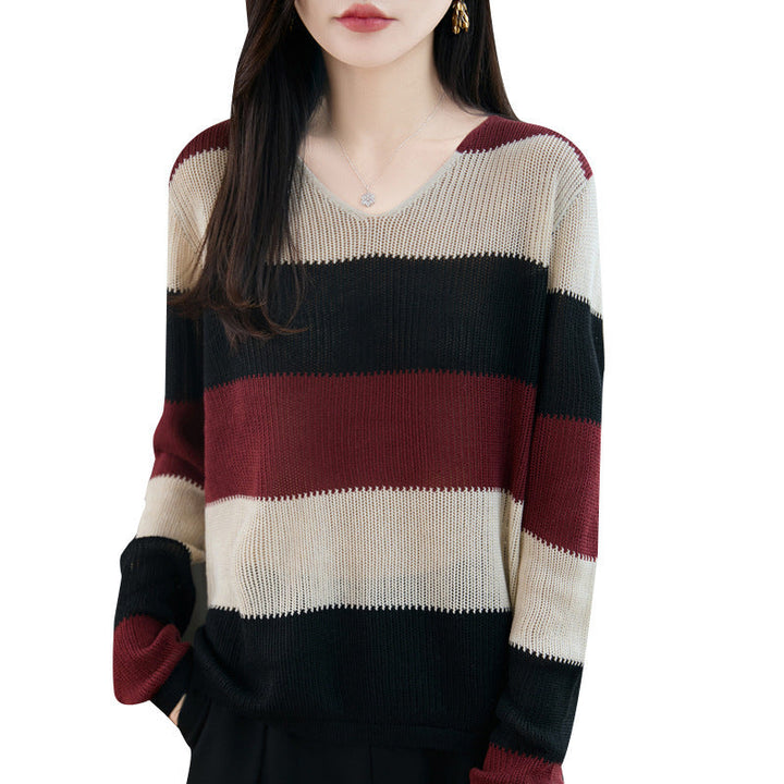 Damen Pullover mit Streifen und V-Ausschnitt