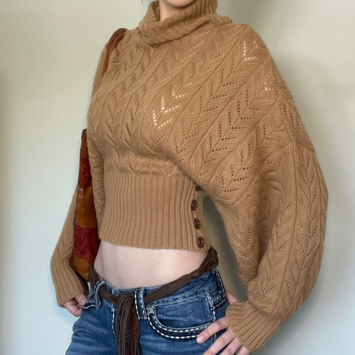 Damen Rollkragenpullover Cropped mit langen Ärmeln und Knöpfen