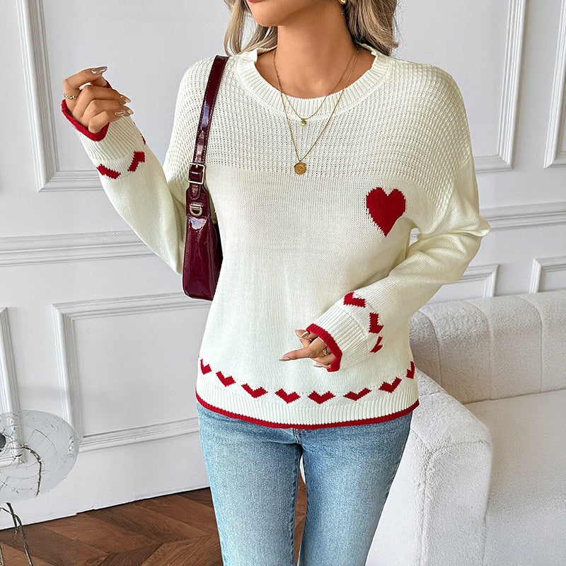 Damen Pullover mit Herzintarsien und gerippten Bündchen