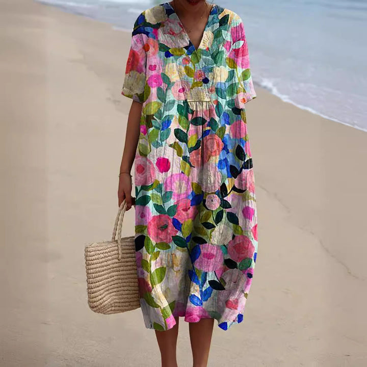 Lina | Damen Sommerkleid mit Blumenmuster und V-Ausschnit